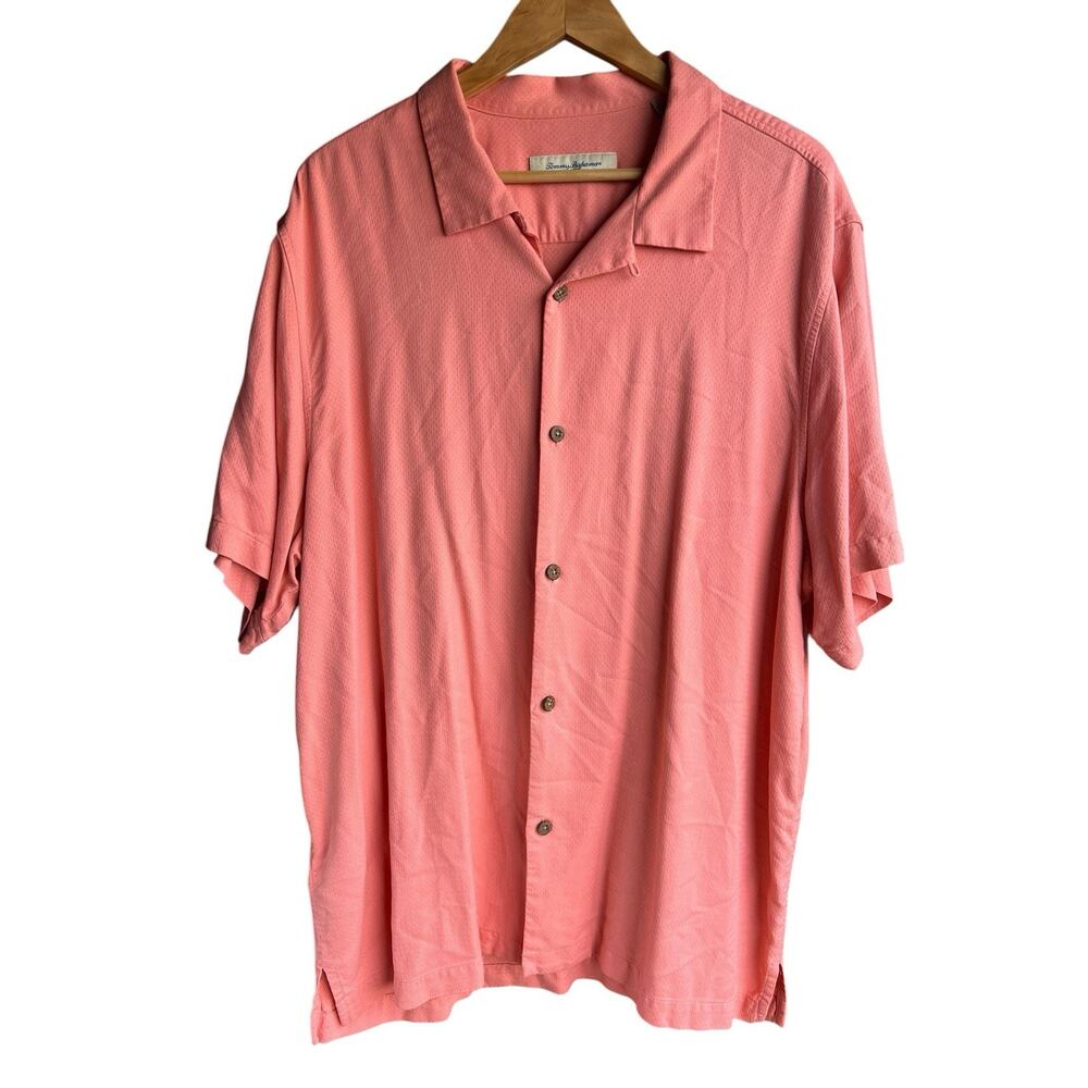 TOMMY BAHAMA Silk Blend Hawaiian Peach Coral Camp Shirt Men’s Size XXL